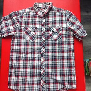 Ripzone short sleeve button down summer shirt maroon plaid men's size L